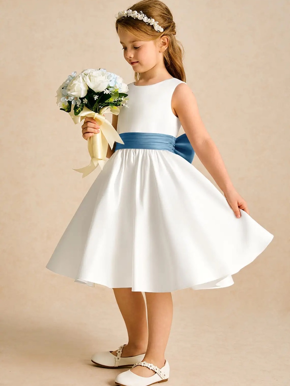 Azazie “Sosie” Ivory Flower Girl Dress with Blue Sash SIZE 12